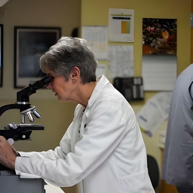 A vet testing by a microscope